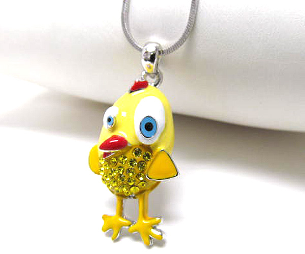 Made in korea whitegold plating crystal and epoxy chick pendant necklace