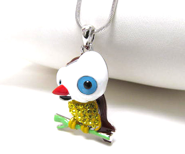 Made in korea whitegold plating crystal and epoxy bird pendant necklace