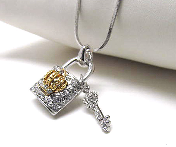 Made in korea whitegold plating crystal crown lock and key pendant necklace