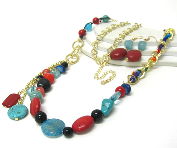 Natural stone drop chain  long necklace set