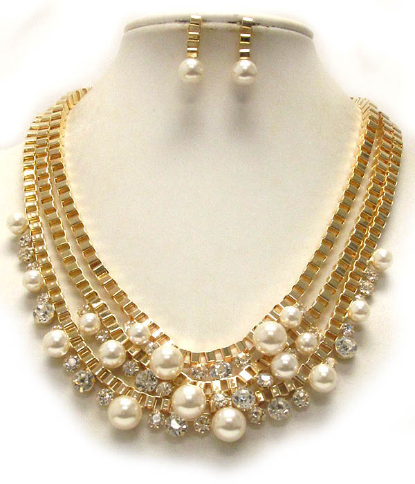 Multi pearl and crystal dangle 3 layer metal tube chain necklace earring set