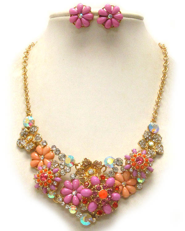 Crystal and acrylic stone deco flower theme party necklace earring set