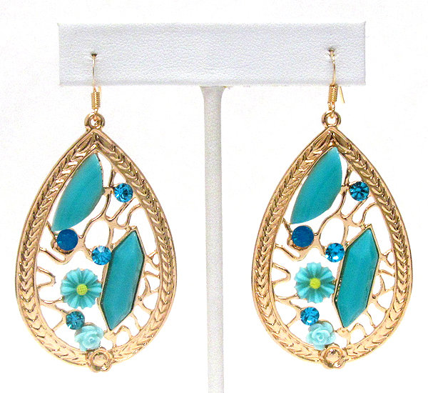 Crystal and acrylic flower deco metal filigree teardrop earring