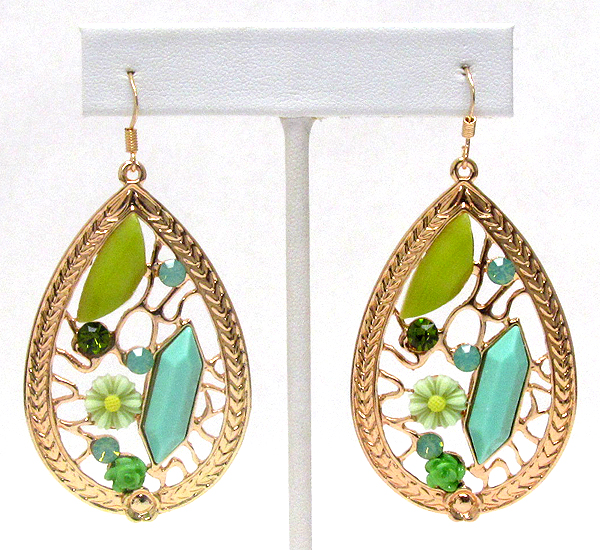 Crystal and acrylic flower deco metal filigree teardrop earring