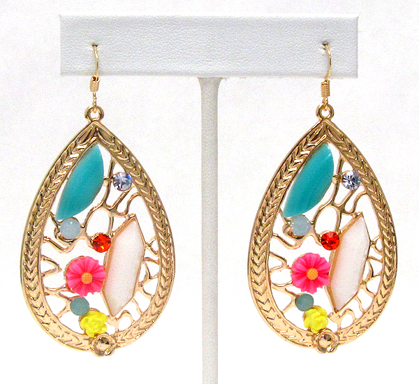 Crystal and acrylic flower deco metal filigree teardrop earring