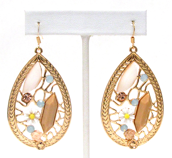 Crystal and acrylic flower deco metal filigree teardrop earring