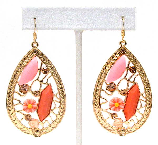 Crystal and acrylic flower deco metal filigree teardrop earring