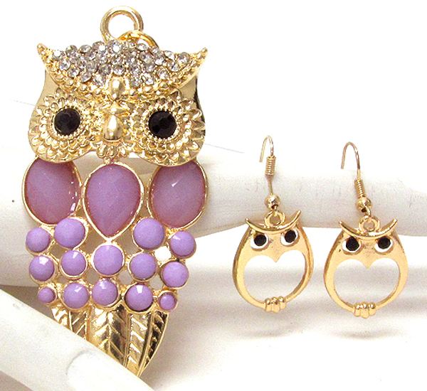 Multi crystal deco body owl necklace earring set