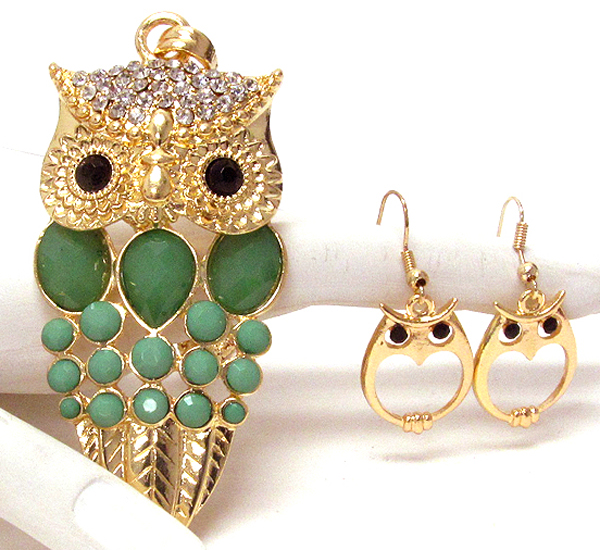 Multi crystal deco body owl necklace earring set