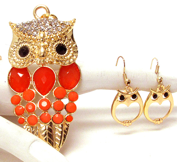 Multi crystal deco body owl necklace earring set