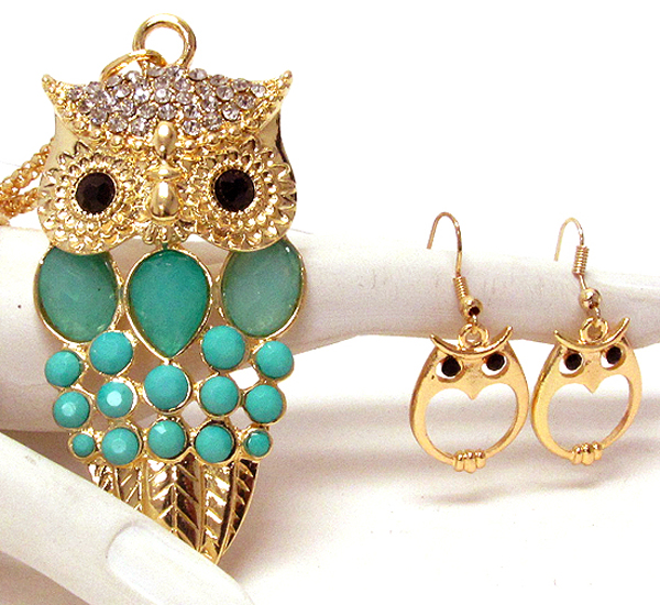 Multi crystal deco body owl necklace earring set