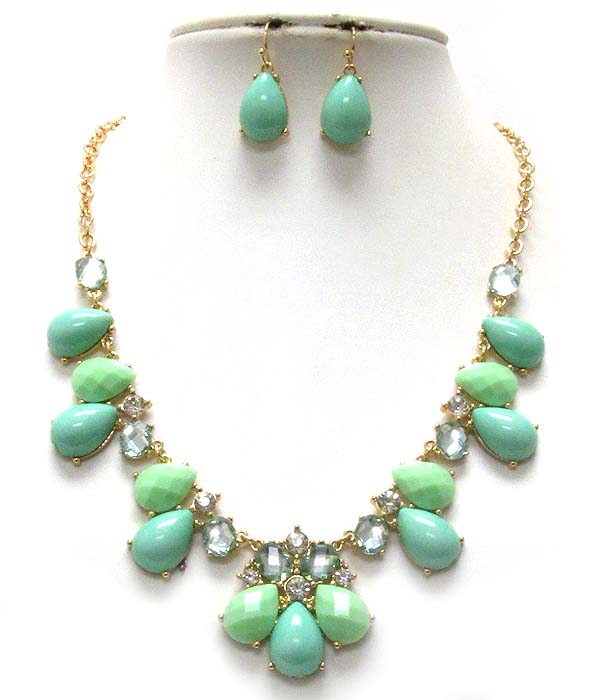 Crystal and multi teardrop acrylic stone necklace earring set