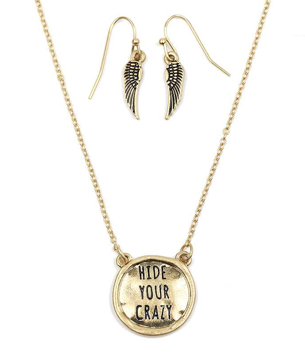 Handmade metal disk message necklace set - hide your crazy