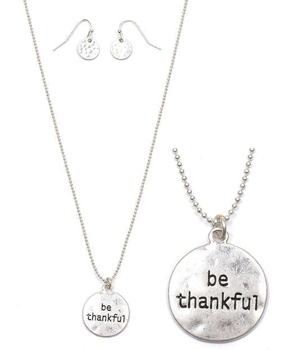 Handmade message metal disk necklace set - be thankful