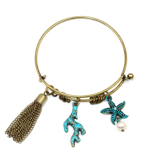 Sealife theme charm wire bangle bracelet - coral