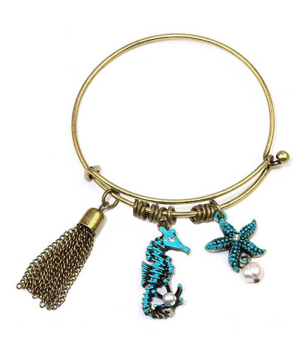 Sealife theme charm wire bangle bracelet - sea horse