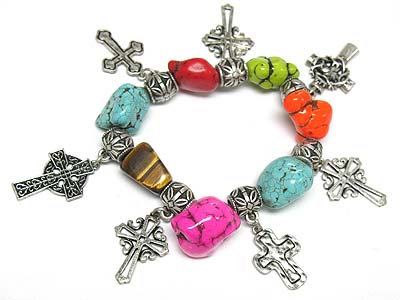 Dyed genuine stone and cross charm stretch bracelet