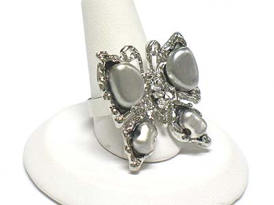 Crystal accent metal butterfly ring - adjustable