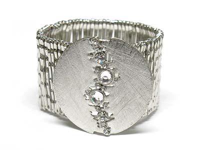 Scratched metal disk and multi crystal deco wide stretch band bracelet - brass metal