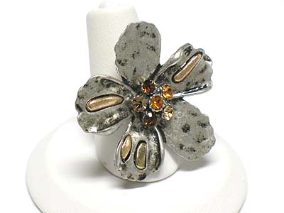 Crystal and antique silver and gold hammered natural look flower ring