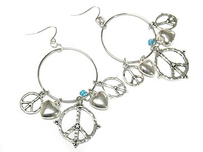 Multi metal peace and heart charm earring