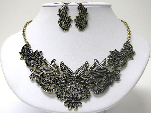 Filigree metal bib style neckalce earring set