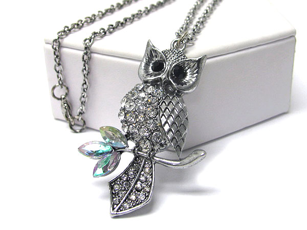 Crystal deco owl and branch necklace