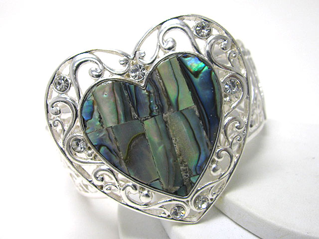 Abalone deco heart top metal stretch bracelet