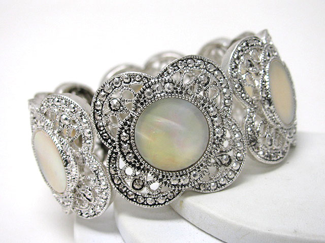 Mother of pearl deco marcasite look metal stretch bracelet