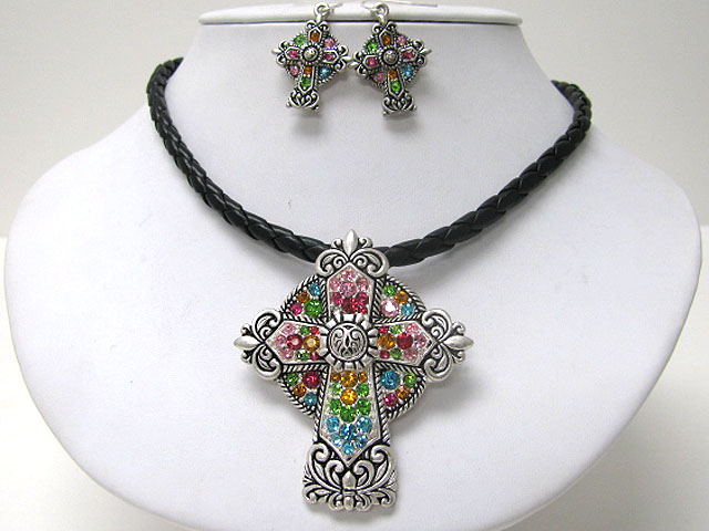 Crystal stud cross pendant necklace earring set