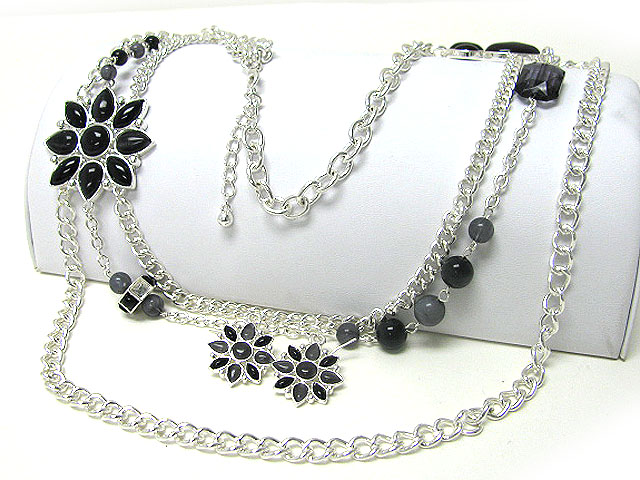 Flower accent glass ball and metal chain link long necklace earring set