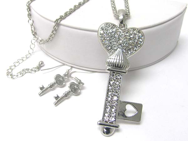 Large crystal key pendant long necklace earring set