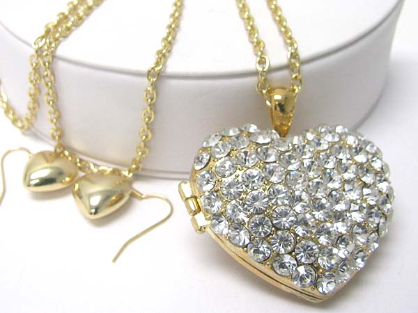 Crystal stud heart locket pendant long necklace earring set