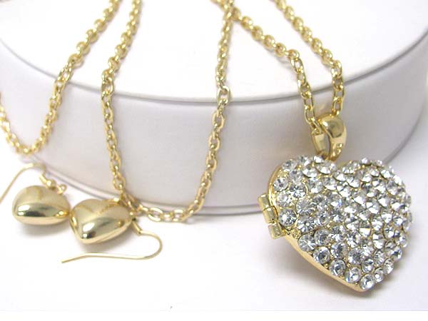 Crystal stud heart locket pendant long necklace earring set