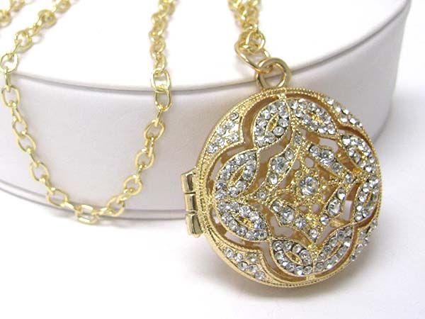 Crystal stud metal filigree flower locket pendant long necklace earring set