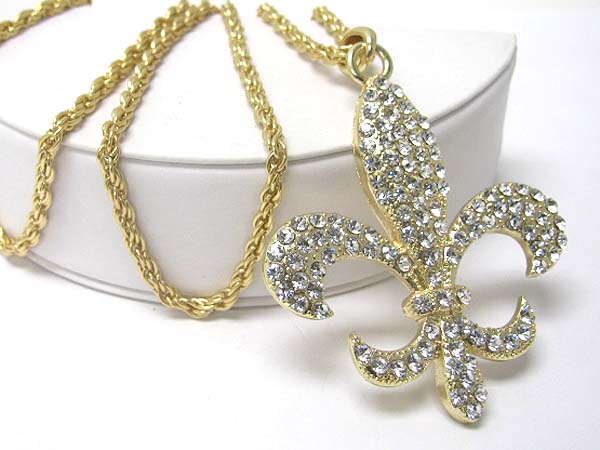 Large crystal fleur de lis pendant long necklace