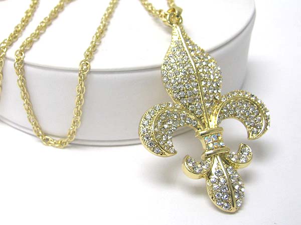 Large crystal fleur de lis pendant long necklace