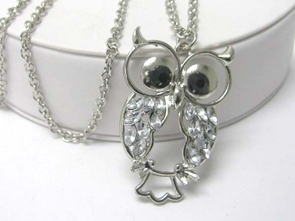 Crystal stud owl pendant long neckalce