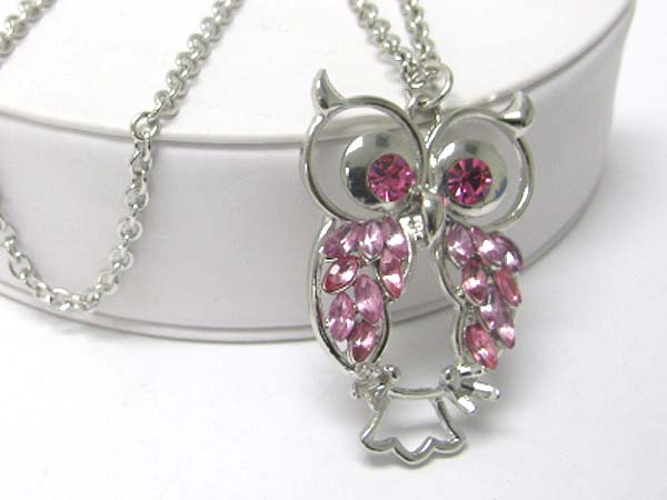 Crystal stud owl pendant long neckalce