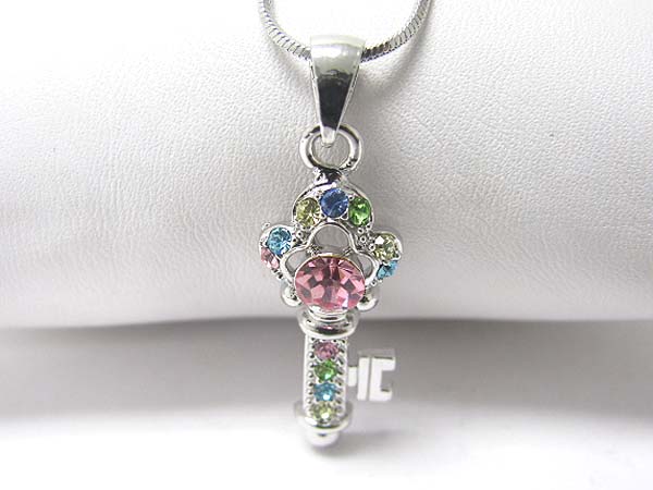 Made in korea whitegold plating multi color crystal key pendant necklace