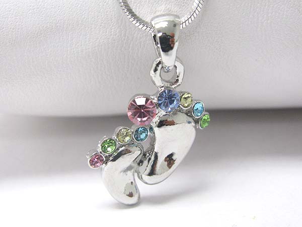 Made in korea whitegold plating multi color crystal foot print pendant necklace