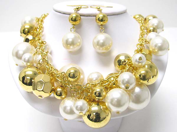 Chunky pearl and metal ball dangle necklace earring set