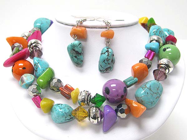 Double strand mixed natural stone necklace earring set