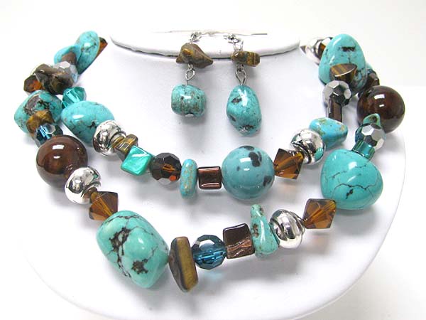 Double strand mixed natural stone necklace earring set