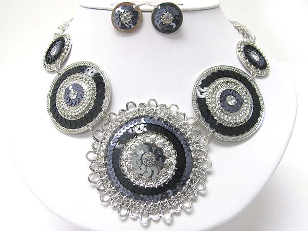 Crystal and sequin art deco round metal disk link necklace earring set