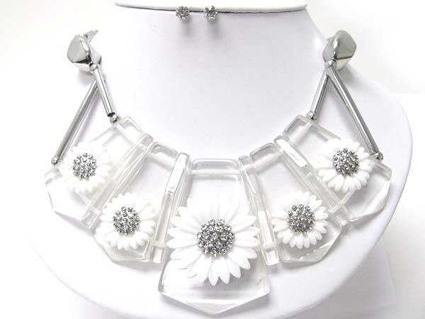 Crystal stud acryl flower on acryl stick dangle necklace earring set