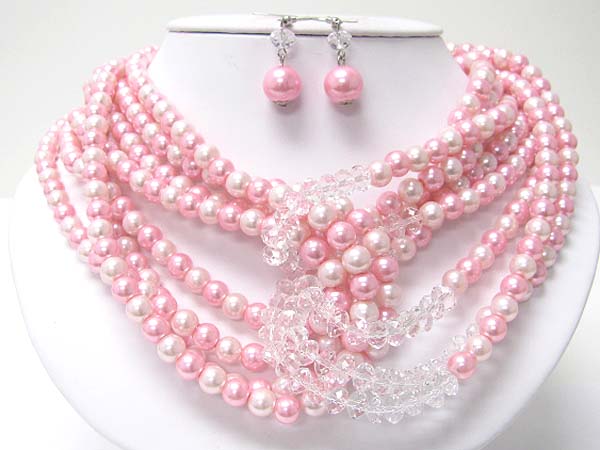 Multi row pearl ball and facet glass beads link necklace earring set