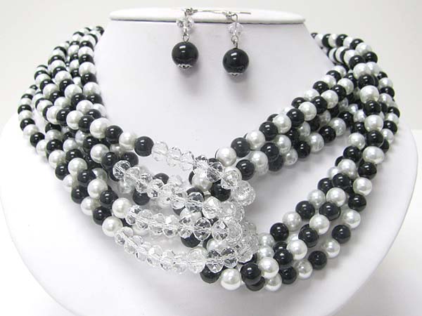 Multi row pearl ball and facet glass beads link necklace earring set