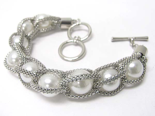 Pearl ball and metal tube chain toggle bracelet