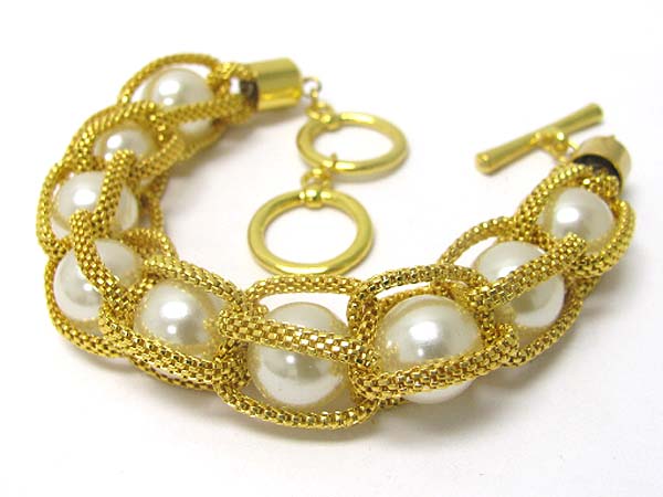 Pearl ball and metal tube chain toggle bracelet